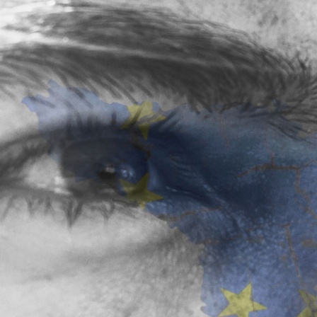 Grafik eines Mannes mit Schatten der Europaflagge als Symbolbild für die erwünschte Einheit des Balkans mit der Europäischen Union.