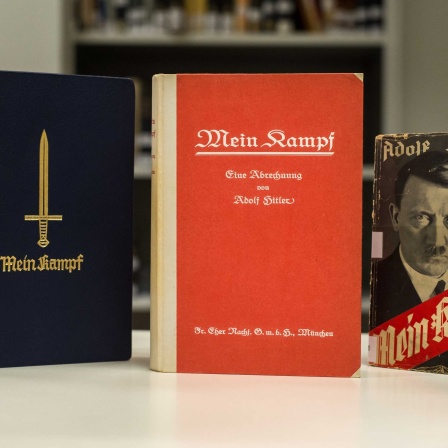 Drei Ausgaben von Adolf Hitlers &#034;Mein Kampf&#034;, eine JubilÃ¤umsausgabe zu Hitlers Geburtstag aus dem Jahr 1939 (l-r), die Erstausgabe von 1925 und eine Taschenbuchausgabe von 1933 sind am 03.12.2015 in den RÃ¤umen vom Institut fÃ¼r Zeitgesch