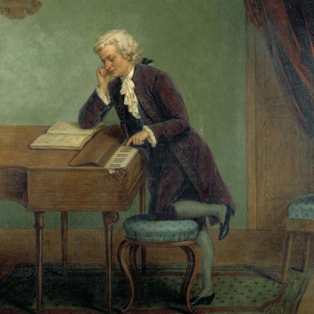 Wolfgang Amadeus Mozart lehnt am Cembalo, Gemälde "Mozart beim Komponieren" von Josef Büche um 1880