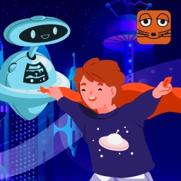 Illustration: Ein Junge spielt in seinem futuristischen Zimmer mit einem Roboter.