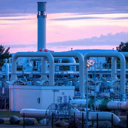 Rohrsysteme und Absperrvorrichtungen in der Gasempfangsstation der Ostseepipeline Nord Stream 1 und der Übernahmestation der Ferngasleitung OPAL vor Sonnenaufgang.