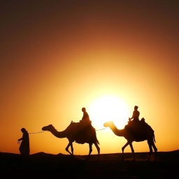 Silhouetten von zwei Reitern auf Kamelen in der Wüste vor einem orangefarbenen Sonnenuntergang.