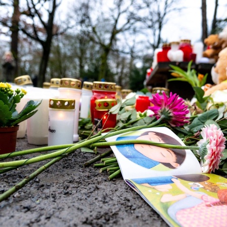 Nach der Messerattacke in Aschaffenburg liegen am Tatort Trauerkerzen, Blumen und Kuscheltiere.