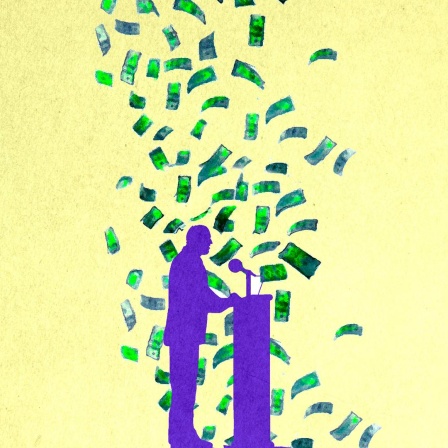 Illustration: Geldscheine fallen auf einen Politiker am Rednerpult.