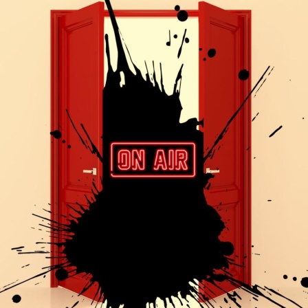 Das lineare Radio nimmt in "Die rote Tür" bei jeder Ausstrahlung neue Realitätspartikel auf. Zu sehen: Eine Comic-Zeichnung - Rote Türflügel sind halb geöffnet, dazwischen ein schwarzer Klecks mit einer roten Schrift darüber "On Air"