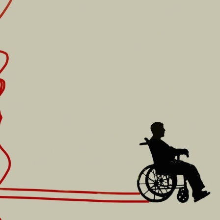 Eine Illustratio zeigt einen Mann im Rollstuhl auf seinem Weg aus dem Gewirr.