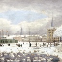 Eine Illustration der zugefrorenen Binnenalster in Hamburg, 1830. 