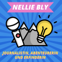 Episodenbild vom MDR TWEENS Podcast Magisches Mikro auf dem ein Mikro, Berge und Glühlampe abgebildet sind und die Schrift "Nellie Bly, Journalistin, Abenteurerin und Erfinderin"