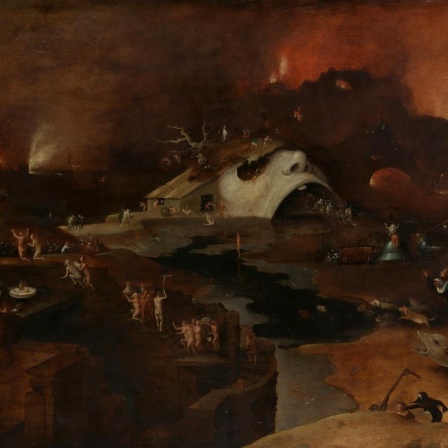 Das Gemälde zeigt, im Stil von Hieronymus Bosch, die Hölle als trostlose Landschaft mit einer brennenden Stadt und dem Fluss Styx. 
