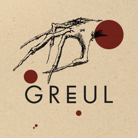Zeichnung zum Hörspiel "GRЁUL": Beiger Hintergrund, eine in schwarz gezeichnete Hand mit Haaren und langen Fingernägeln greift nach etwas, drum herum rote Punkte.