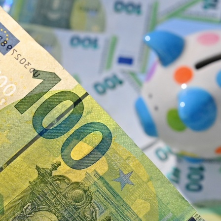 Symbolfoto Geld sparen, Geld zurücklegen: ein Sparschwein und viele Hundert-Euro-Scheine