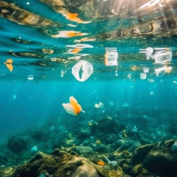 Unterwasser schwimmt Plastikmüll (KI-generiert)