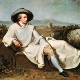 Ein Gemälde zeigt Goethe vor einer italienischen Landschaft auf einer Chaiselongue