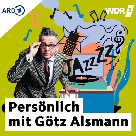 Ein Foto von Götz Alsmann, außerdem die Illustration eines Plattenspielers und der Schriftzug "Jazz".