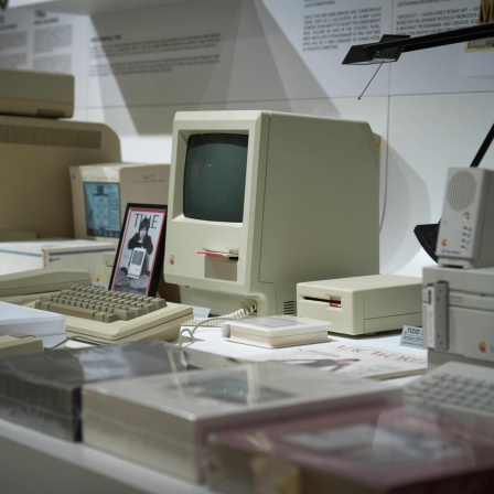 In einer Ausstellung stehen verschiedene historische Computer in einer Reihe. 