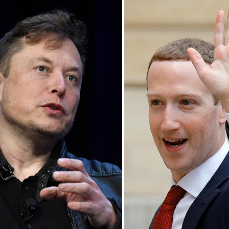 Porträtfotos von Elon Musk und Mark Zuckerberg nebeneinander
