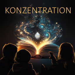 Drei Kinder und eine Ratte sitzen vor einem leuchtenden Buch – darüber das Wort „Konzentration“