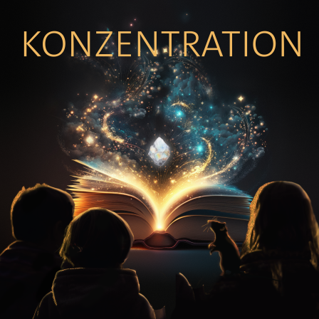 Drei Kinder und eine Ratte sitzen vor einem leuchtenden Buch – darüber das Wort „Konzentration“