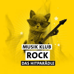 Die Zeichnung eines Kätzchens mit Brille und Gitarre vor gelbem Hintergrund mit Schriftzug &#034;Musik Klub Rock - Das Hitparädle&#034;