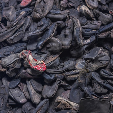 Unzählige dunkle Schuhe auf einem Haufen, ein roter Schuh liegt oben drauf. Es sind Schuhe in der Gedenkstätte Auschwitz-Birkenau.