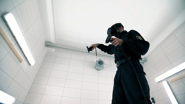 Ein Polizist mit VR-Brille in einem weißen Raum