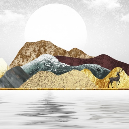 Zeichnung schwarzer, brauner und goldener Berge.