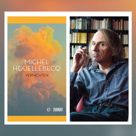 Porträt des französischen Schriftsteller Michel Houellebecq und das Cover zu seinem Roman &#034;Vernichten&#034;