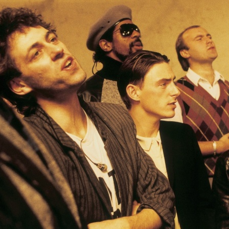 Bob Geldof, Phil Collins und Bono 1984 bei der Aufnahme des Band-Aid-Songs "Do They Know It&#039;s Christmas?"