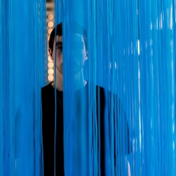 Eine Gestalt hinter blauem "Vorhang" von uneindeutiger Textur. In einem Spalt ist deutlich ein Ohr zu erkennen.
