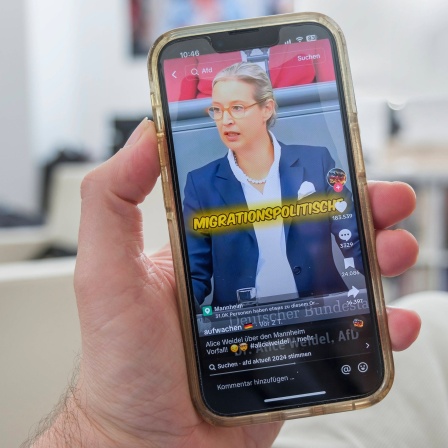 Hand hält ein Mobiltelefon auf dessen Display auf der Plattform TikTok ein Video der AFD Politikerin Alice Weidel zu sehen ist