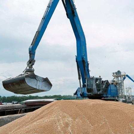 Ein Bagger verlädt in einem Getreidehafen in Ismajil (Ukraine) Getreide in ein Frachtschiff.