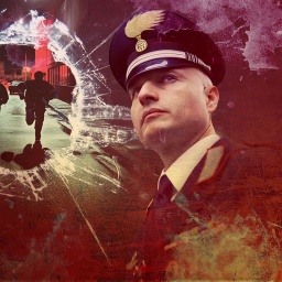 Das Bild zeigt eine Collage mit einem kreisförmigen Bereich, der wie zerbrochenes Glas aussieht. Offenbar handelt es sich um ein Einschussloch. Zwei Personen laufen zu einem rot beleuchteten Bereich. Rechts ist eine Person in Uniform zu sehen: ein italienischer Polizist.