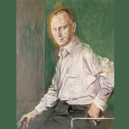 Paul Sacher Gemälde. Portrait des Dirigenten in braun grün.