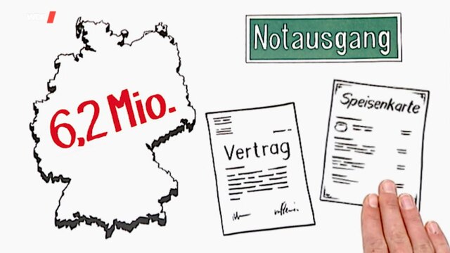 Skizze mit dem Umriss von Deutschland und kurzen geschriebenen Worten: "Notausgang", "Vertrag", "Speisenkarte"