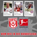 Die Collage zeigt das Logo des Halleschen FC, der Bundesliga und drei Mal Norbert Nachtweih in den Trikots von Eintracht Frankfurt und Bayern München.