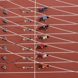 Start bei einem 100-Meter-Lauf bei der Leichtathletik-WM in Budapest 2023