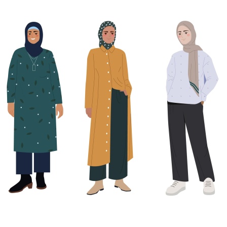 Illustration: Eine Reihe von unterschiedlichen muslimischen Frauen, in traditioneller Freizeitkleidung und Kopfbedeckung.