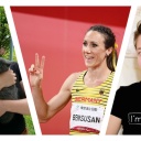 Drei junge Frauen auf verschiedenen Bildern. Eine Frau mit Katze im Arm, eine mit Deutschlandtrikot bei den Olympischen Spielen, macht ein Peace Zeichen mit den Fingern. Die dritte Frau lächelt leicht in die Kamera.