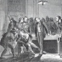 Der US-Zahnarzt Horace Wells präsentiert 1845 der ärztlichen Öffentlichkeit erfolglos seine Entdeckung der Lachgas-Narkose (Radierung)