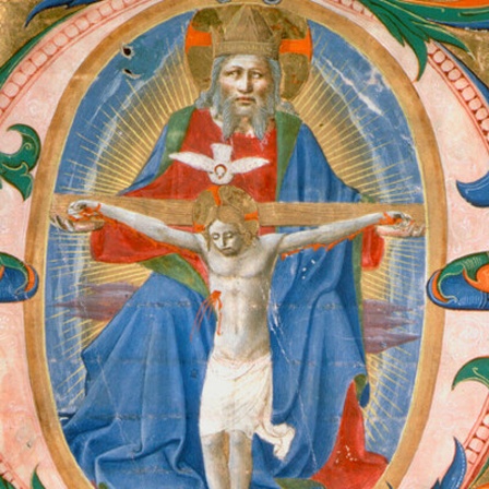 Vater, Sohn und heiliger Geist: Diese Buchmalerei der Initiale 'O' mit Heiliger Dreifaltigkeit von Zanobi Strozzi ist die bildhafte Entsprechung der kirchlichen Glaubenspolitik