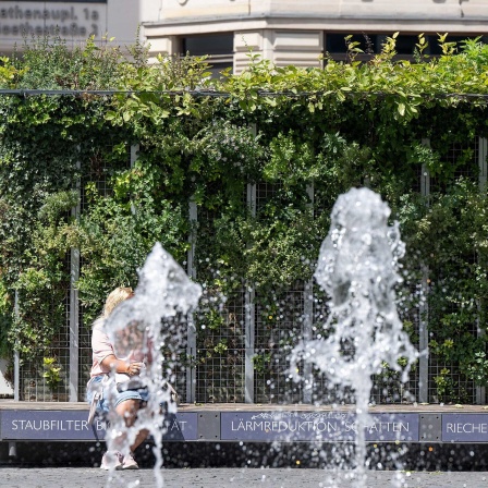 Bei großer Sommerhitze sitz eine Frau in Frankfurt/Main an einem Springbrunnen
