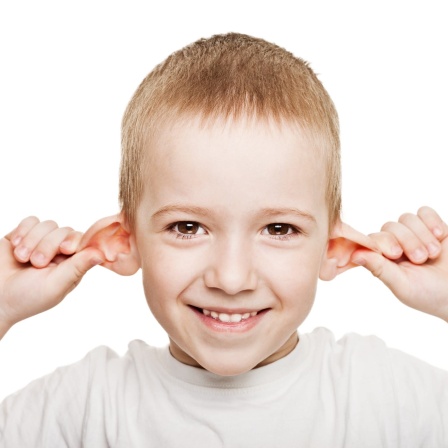 Junge zieht sich an beiden Ohren und lacht: Er hat es wohl faustdick hinter den Ohren