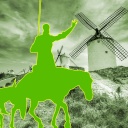 Sancho Panza und Don Quijote vor Windmühlen - Motiv für den zweiten Teil des Kinderhörspiels nach Cervantes