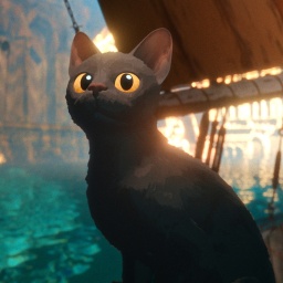 Eine schwarze Katze mit großen gelben Augen sitzt auf einer Straße - Szene aus dem Animationsfilm "Flow"