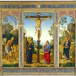 Die Kreuzigung mit der Jungfrau Maria, dem Heiligen Johannes, dem Heiligen Hieronymus, und der heiligen Maria Magdalena, um 1482/1485.