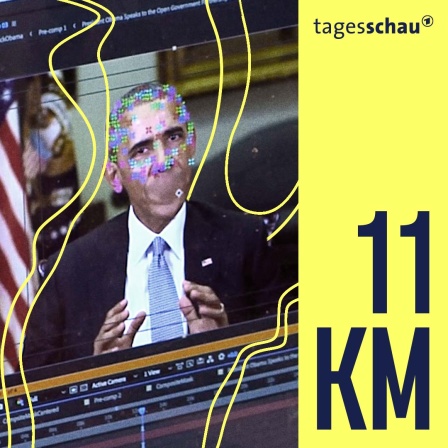 Bild aus einem gefälschten Video mit dem ehemaligen Präsidenten Barack Obama. Es zeigt Elemente der Gesichtserkennung, die in einer neuen Technologie verwendet werden, die es jedem ermöglicht, Videos zu erstellen, in denen echte Menschen scheinbar Dinge sagen, die sie nie gesagt haben.