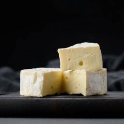 Aufgeschnittener Camembert auf schwarzem Brettchen