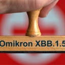 [M] Ein symbolischer Holzstempel mit der Aufschrift "Omikron XBB.1.5", gehalten von einer Hand im Anschnitt vor einem unscharfen Hintergrund mit einem roten Kreuz. Foto mit Composing als Symbolbild für die Corona Subvariante XBB.1.5. || Modellfreigabe vorhanden