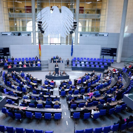 Plenarsitzung im Deutschen Bundestag. Links eine Deutschlandfahne, rechts eine der EU, dazwischen das Rednerpult. Drumherum die Sitze der Abgeordneten.