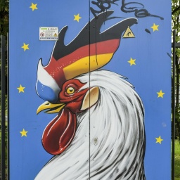 Graffiti eines Hahns an einem Elektrokasten. Sein Kamm ist hälftig mit den Nationalfarben von Deutschland und Frankreich eingefärbt.